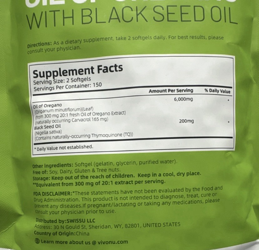 2 VivoNu Oil of Oregano 300 Softgels includes Black Seed Oil – 6000mg Oregano