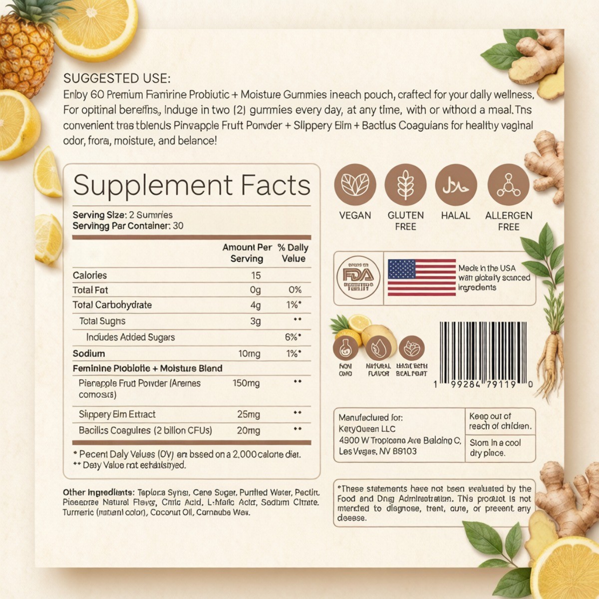 Kitty Queen Feminine Probiotic Gummies for pH Balance & Moisture, Pineapple