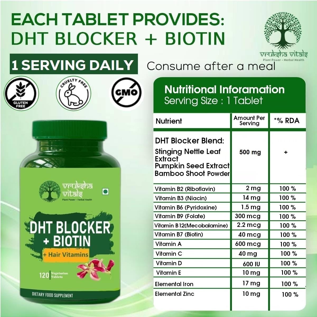 5 Pack VRUKSHA V.ITALS DHT Biotin 120 Tablets Support