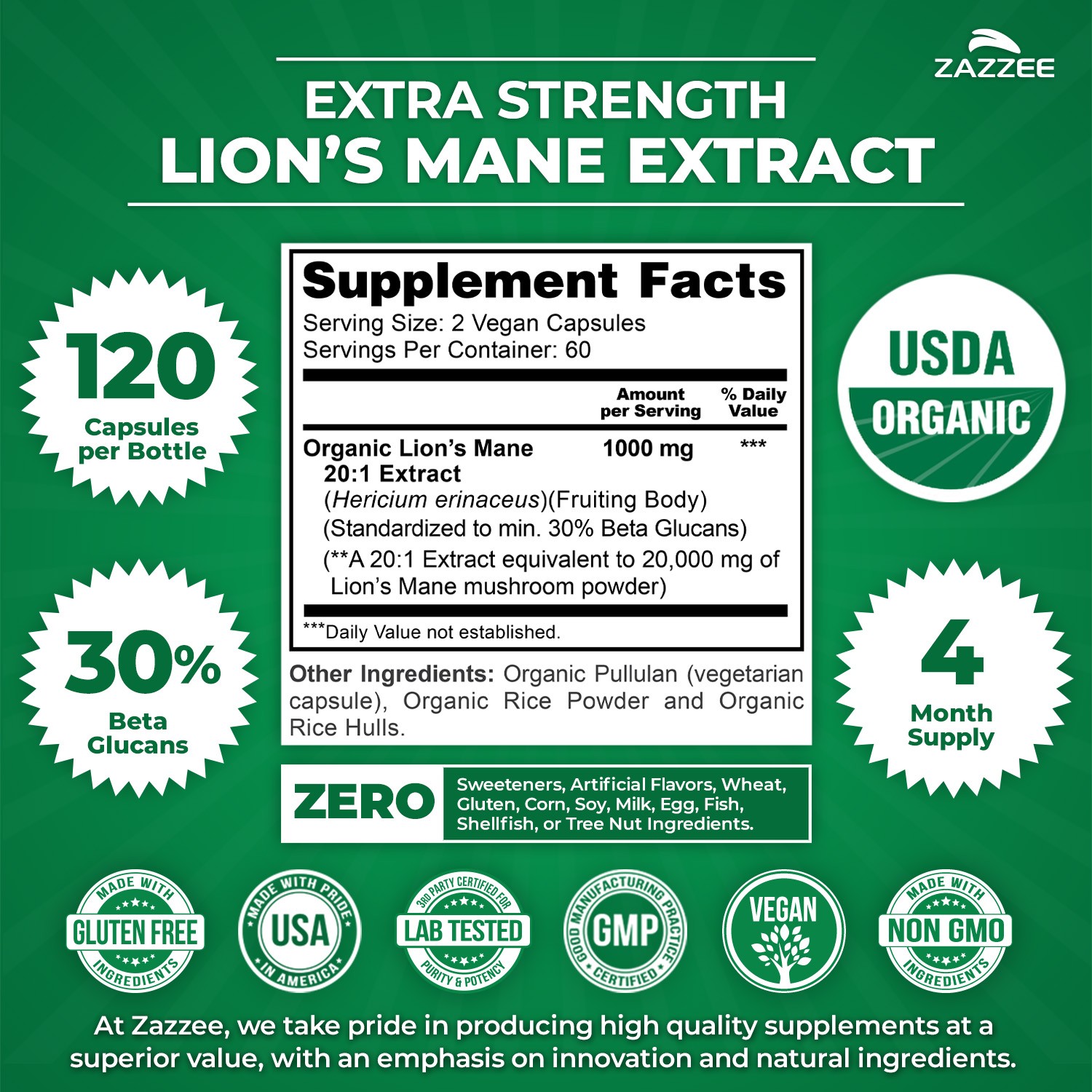 USDA Organic Lion’s Mane 20:1 Extract, 16,000 mg Strength, 120 Vegan Capsules