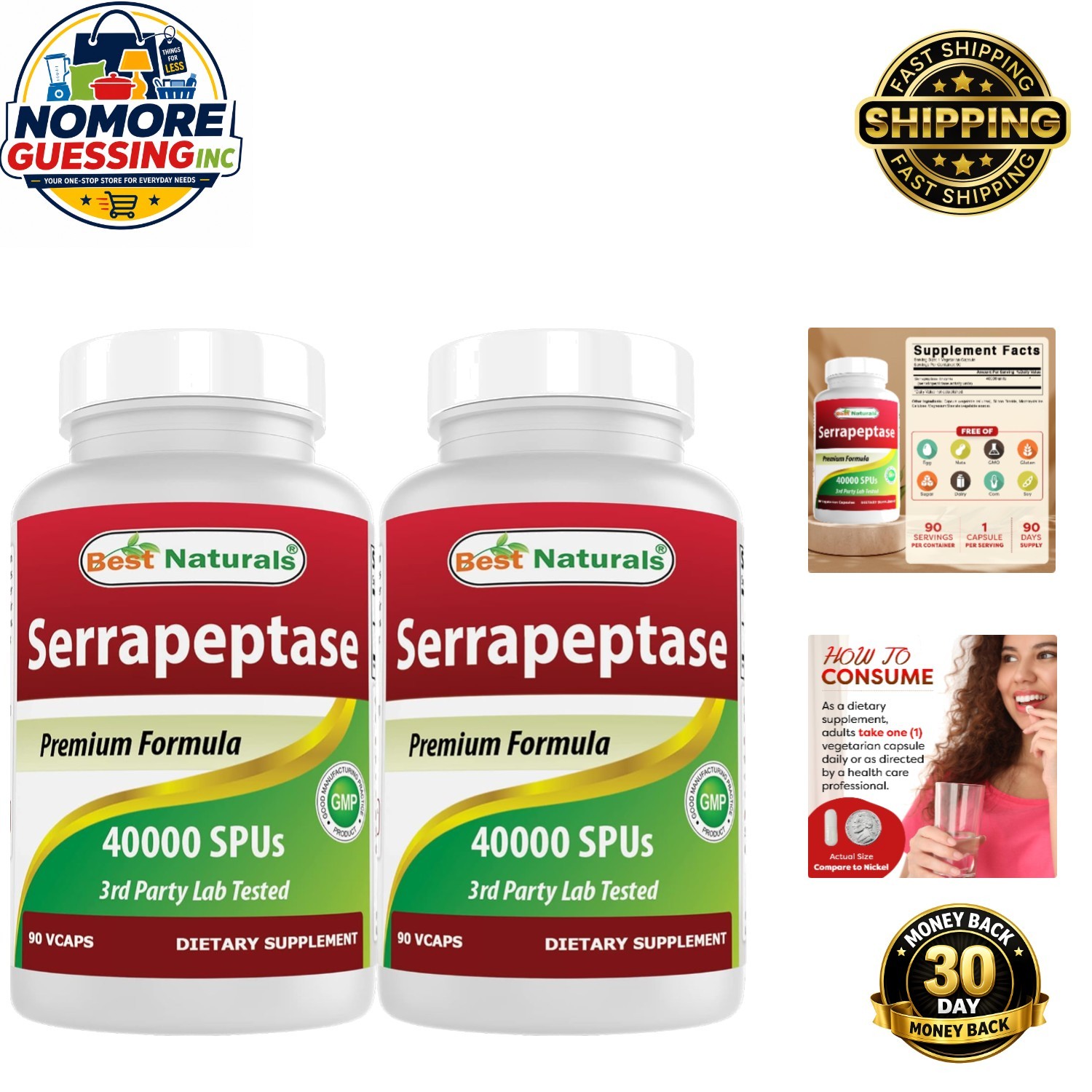Serrapeptase 40,000 SPUs – Powerful Digestive Support, 90 Count per Bottle