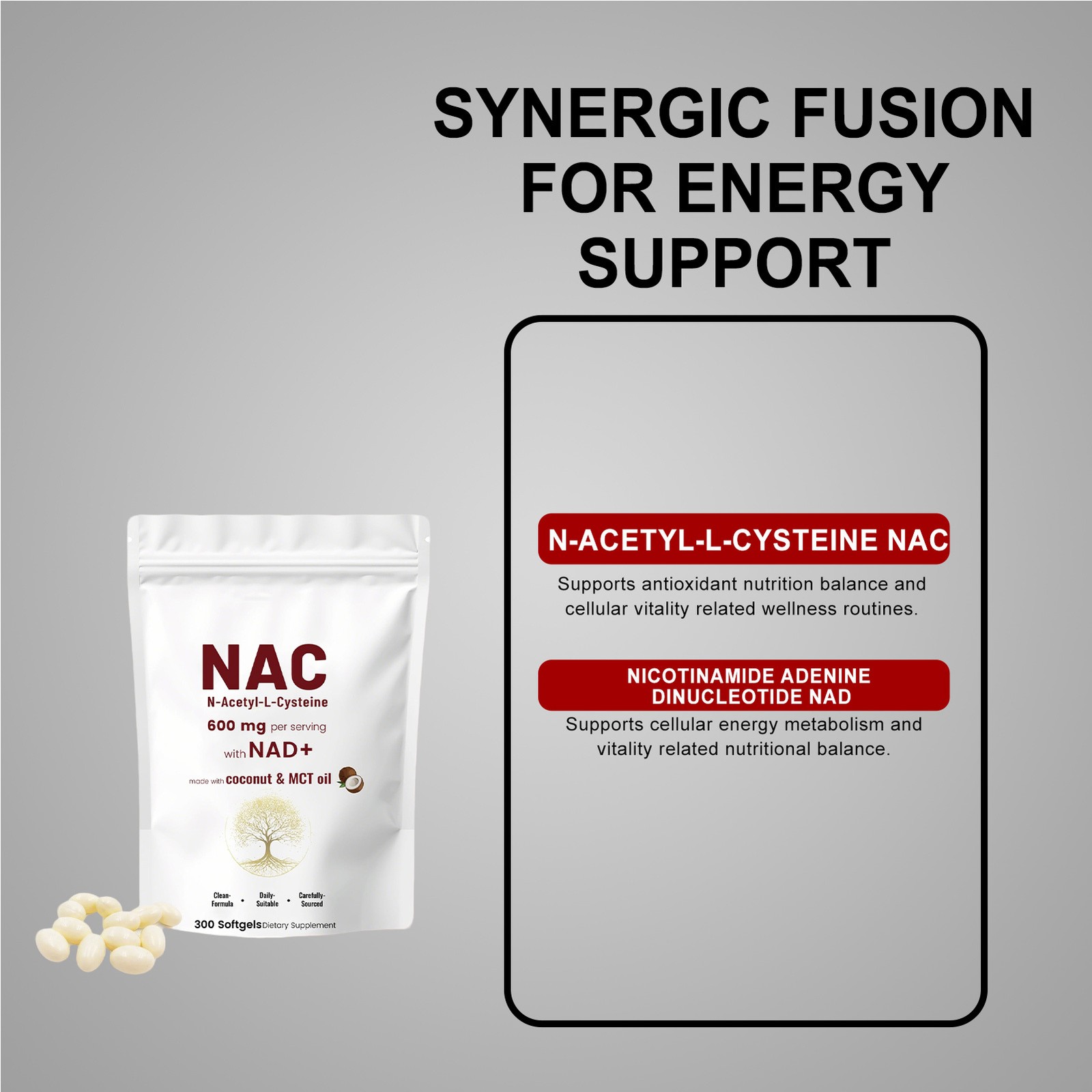 NAC 600mg with NAD+, 300 Coconut MCT Oil Softgels | L Acetyl N Cysteine & Nicoti