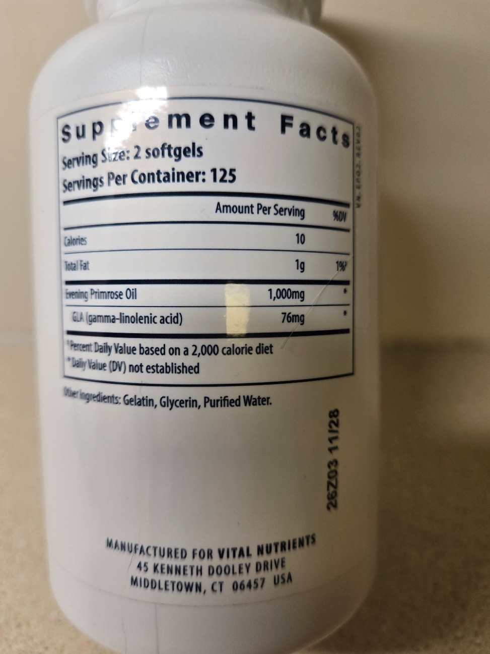 Vital Nutrients 500mg Evening Primrose Oil, 250 Softgels, Long Expiration Dates