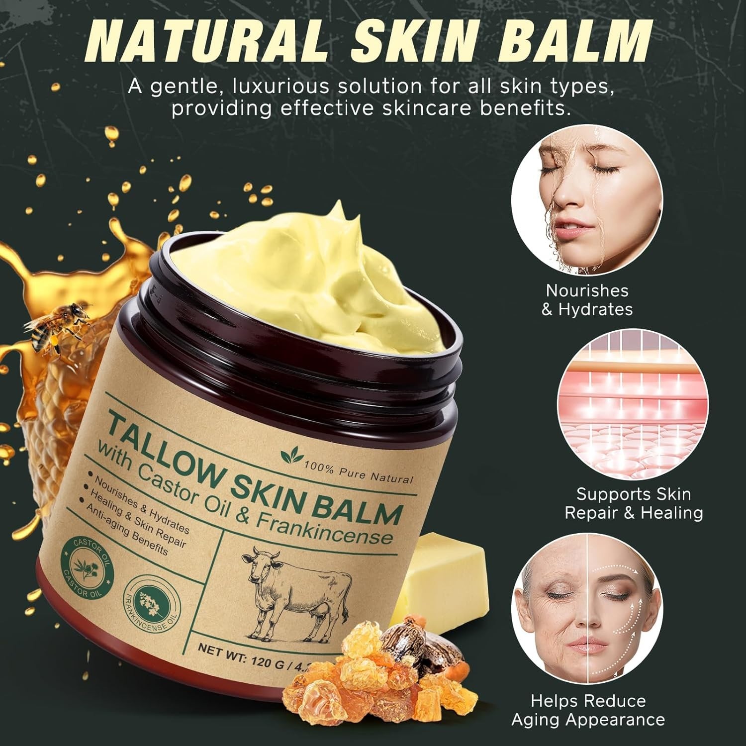 2 Pcak Beef Tallow Cream with Castor Oil and Frankincense, 100% Grass-Fed Tal…