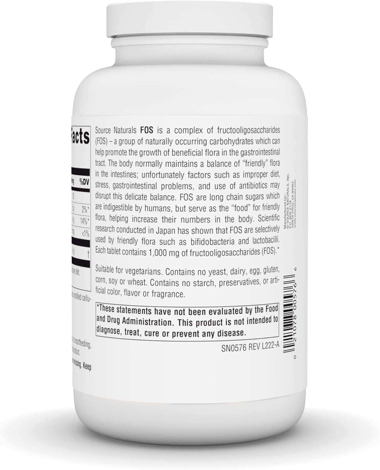 Source Naturals FOS 1000 mg Fructooligosaccharides Probiotic Enhancer 200 Tabs