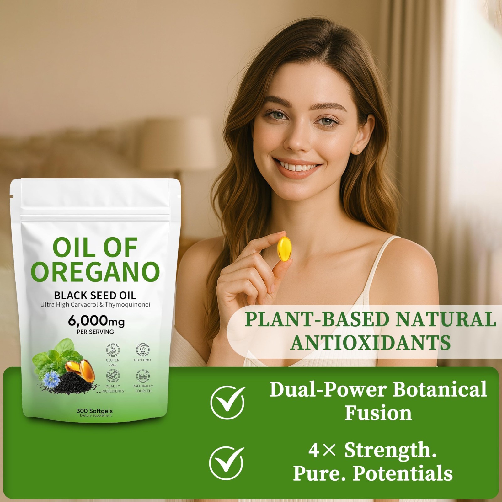 Oil of Oregano Softgels with Black Seed Oil & Thymoquinone, 300 Count, 6000mg, N