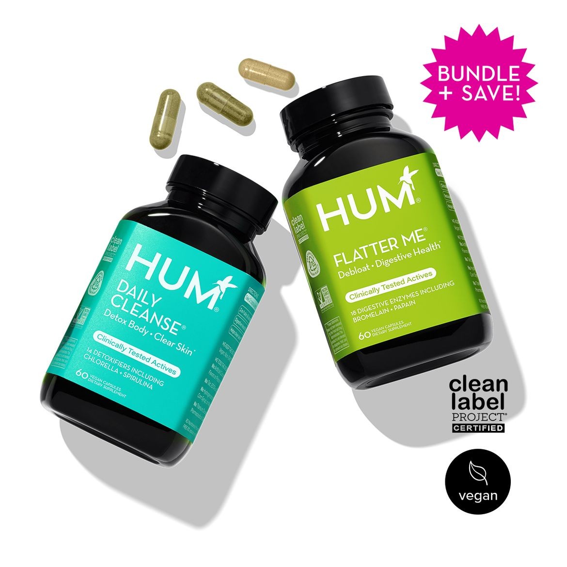 HUM Debloat Detox Duo Digestive Cleanse Supplement Bundle Total Veg 120 Capsule