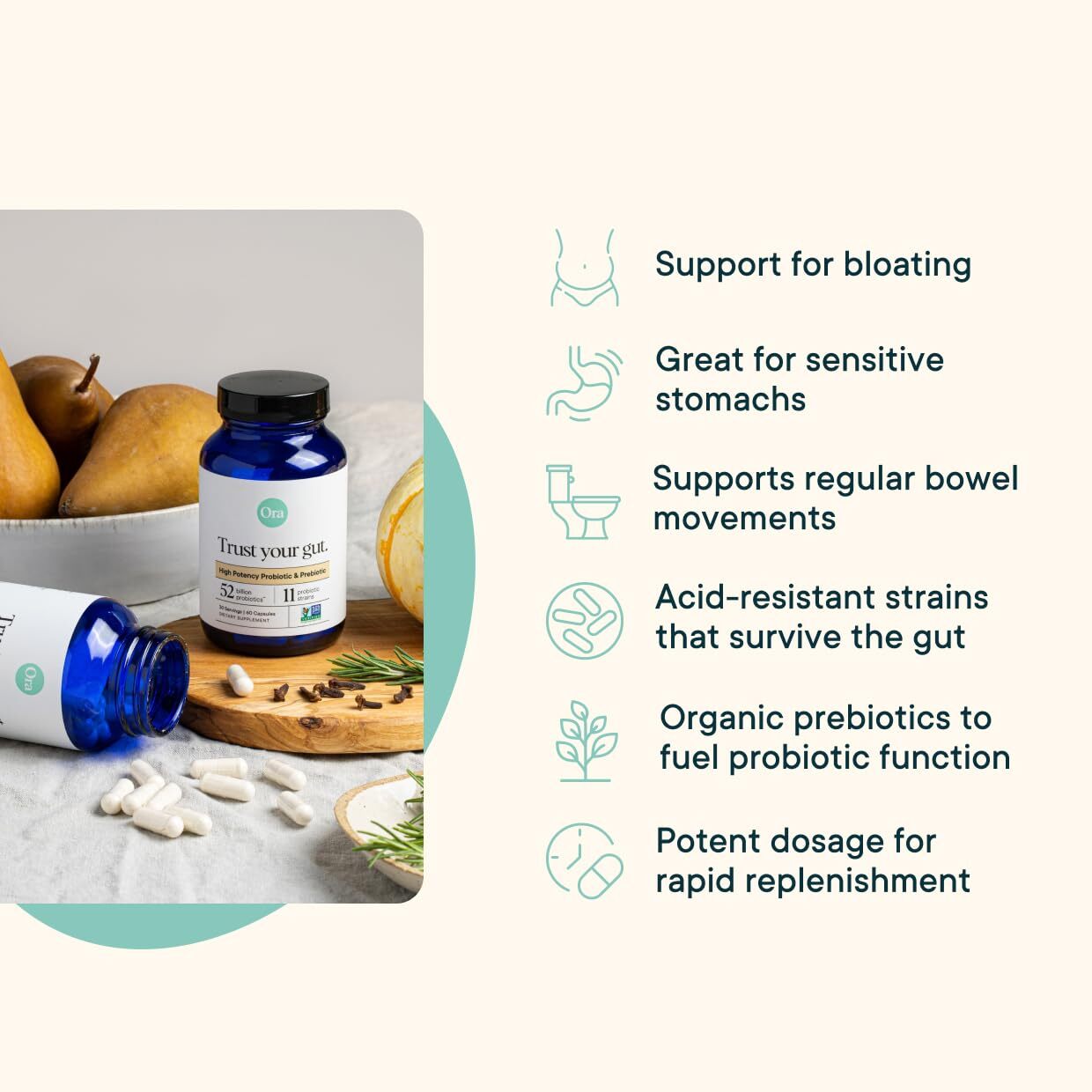 Ora High Potency Probiotic 60 Count 52 Billion CFU Gut Health Supplement
