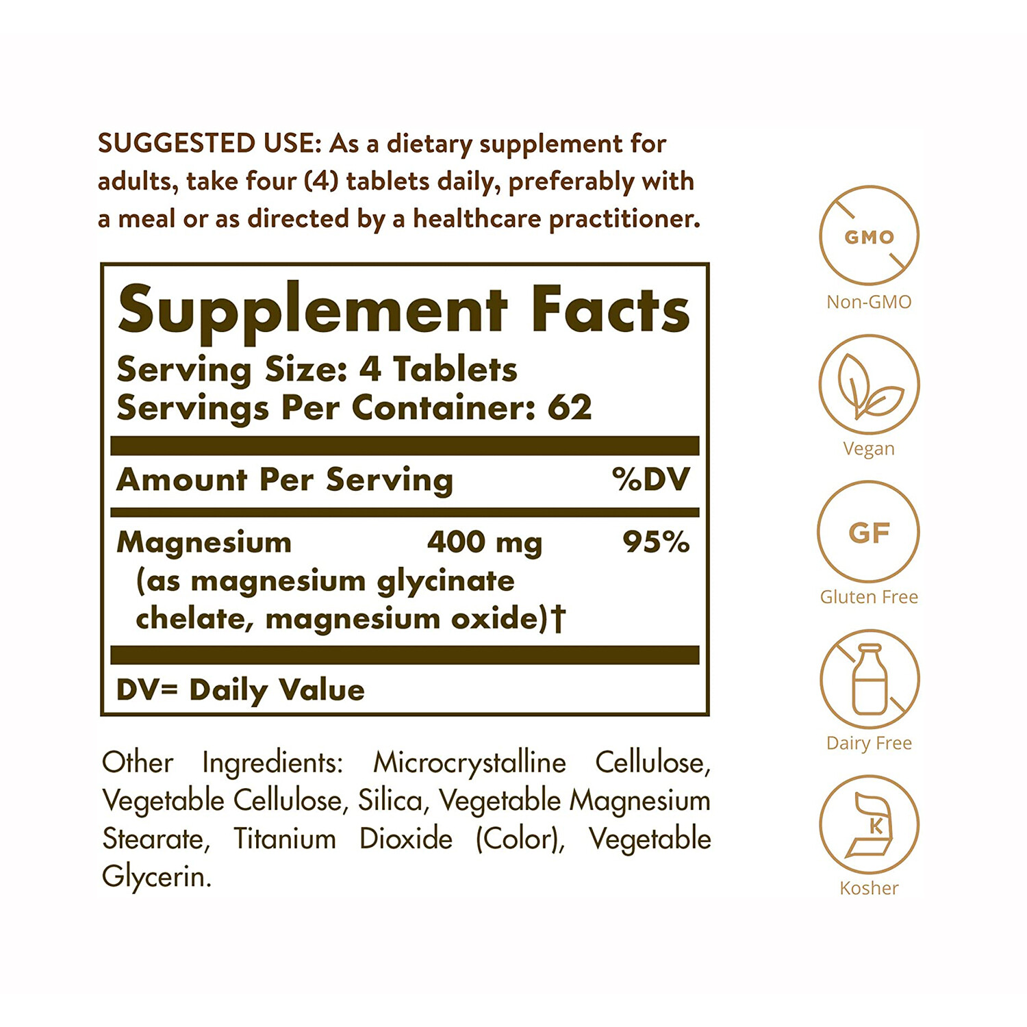 Solgar Chelated Magnesium, Non-GMO, Vegan, Gluten Free, Dairy Free, 250 Tablets