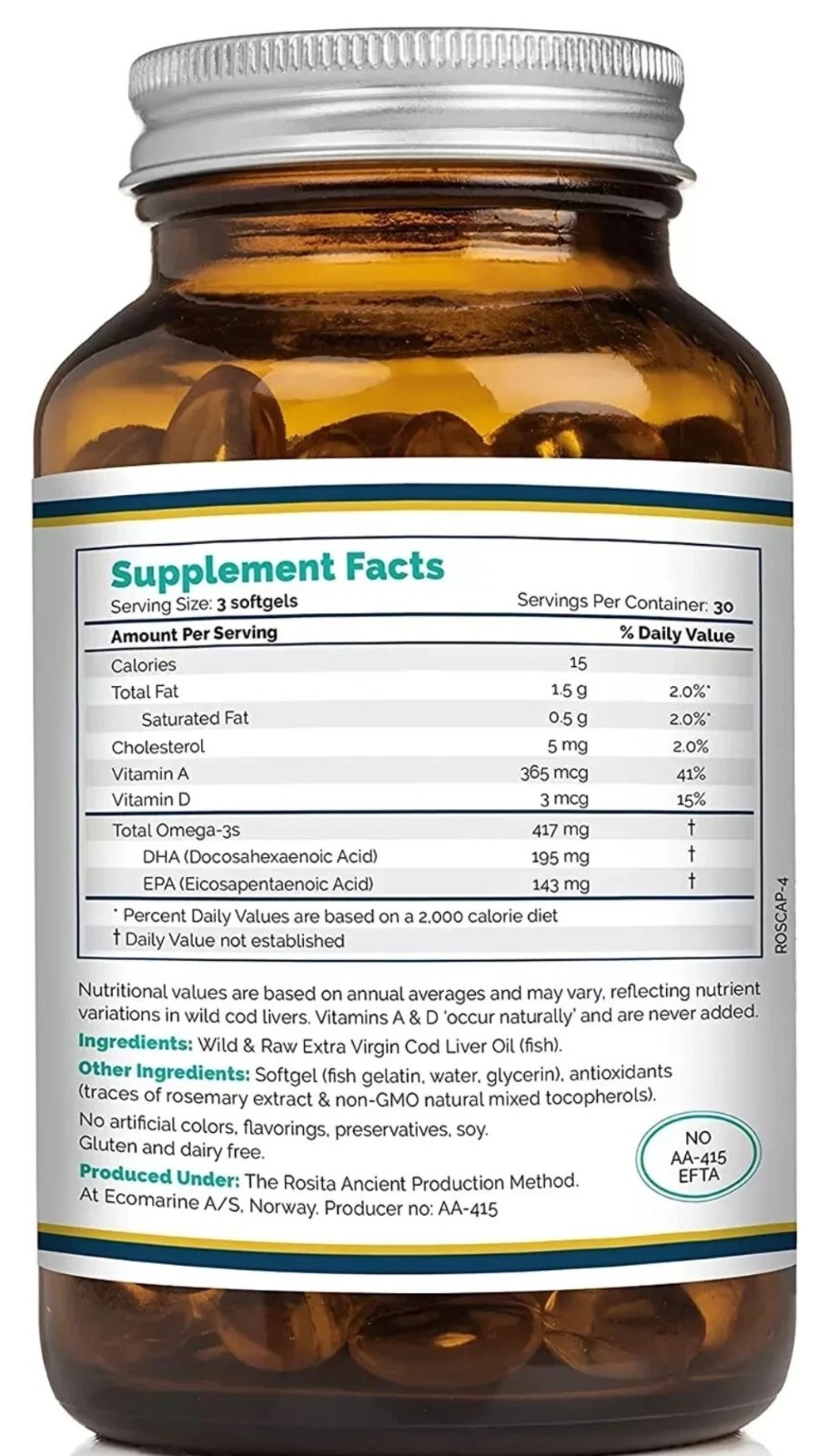 Rosita Extra Virgin Cod Liver Oil Softgels, 90 Count Exp:06/2027 . #410