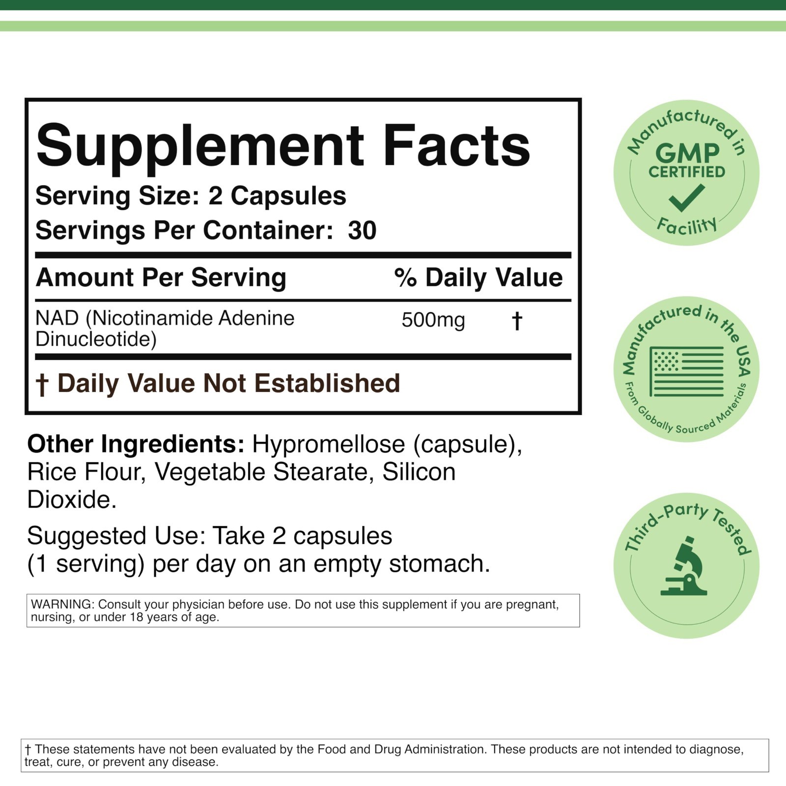 NAD+ Anti-Aging Supplement | 500mg Pure NAD Plus | 30-Day Supply | Vegan, Non-GM