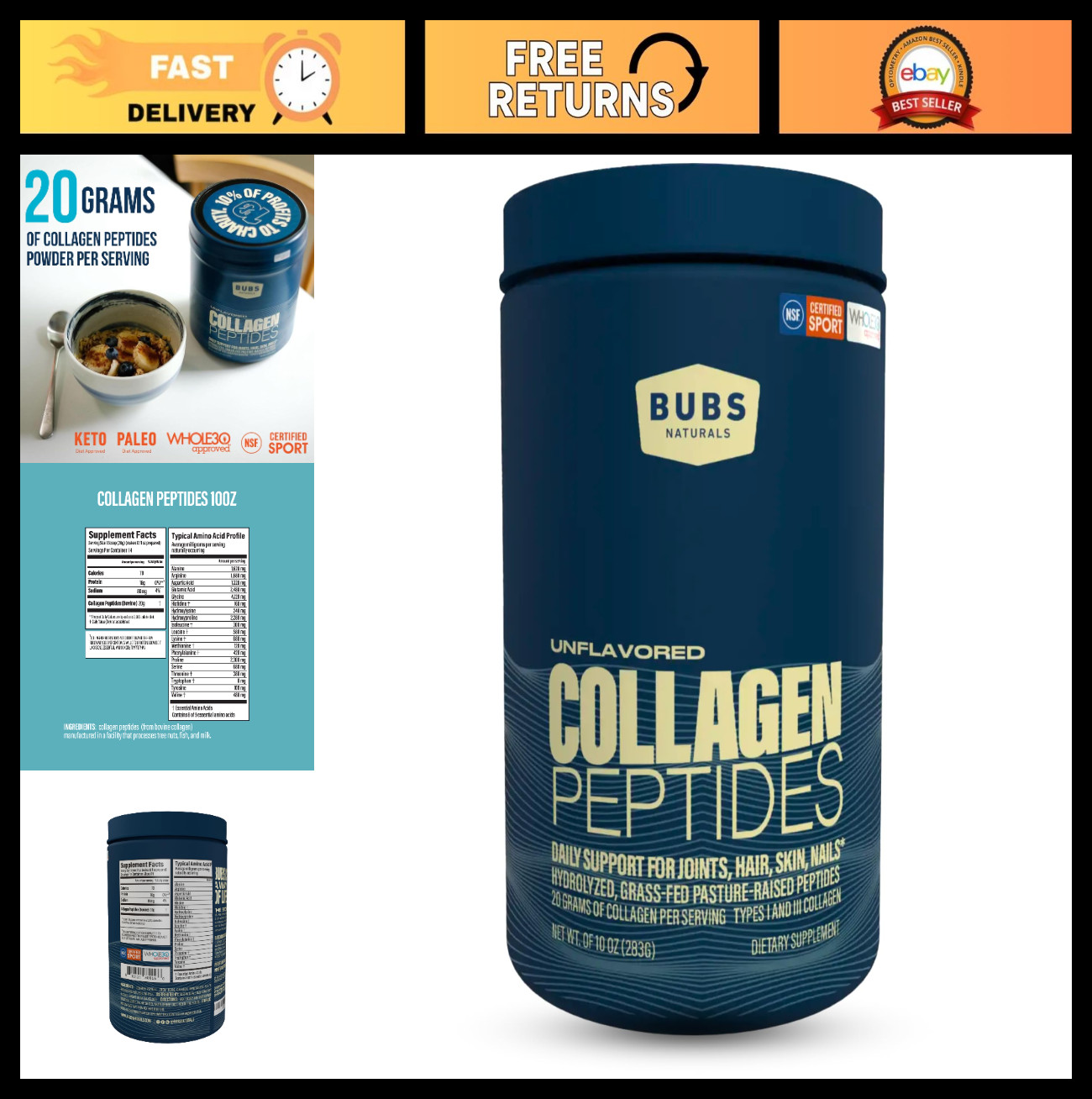 Unflavored Collagen Peptides Powder – Grass Fed, Paleo, Keto, Non-GMO, 10oz