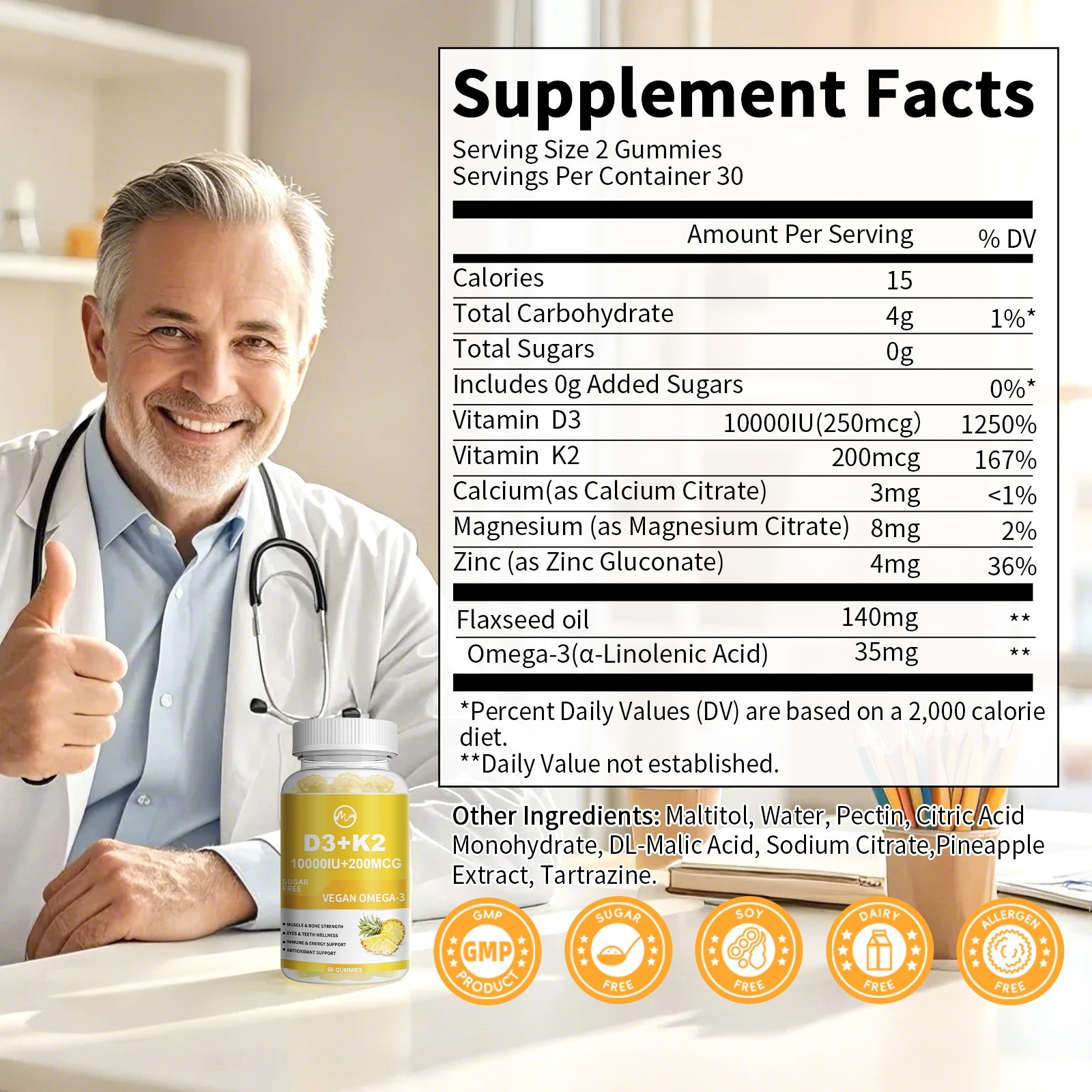 2xVitamin D3 K2 60Gummies, Vitamin D3 10000 IU Bone,Teeth,Muscle,Immune Health