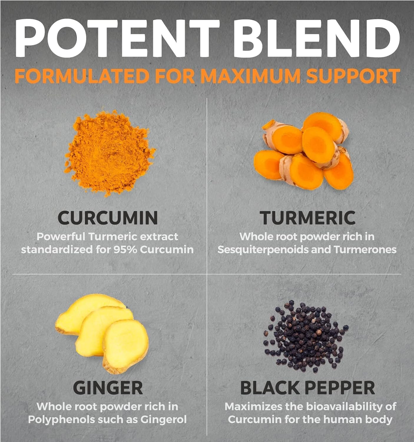 USDA Organic Turmeric Curcumin with Black Pepper Ginger, 4 Month Supply, 120ct