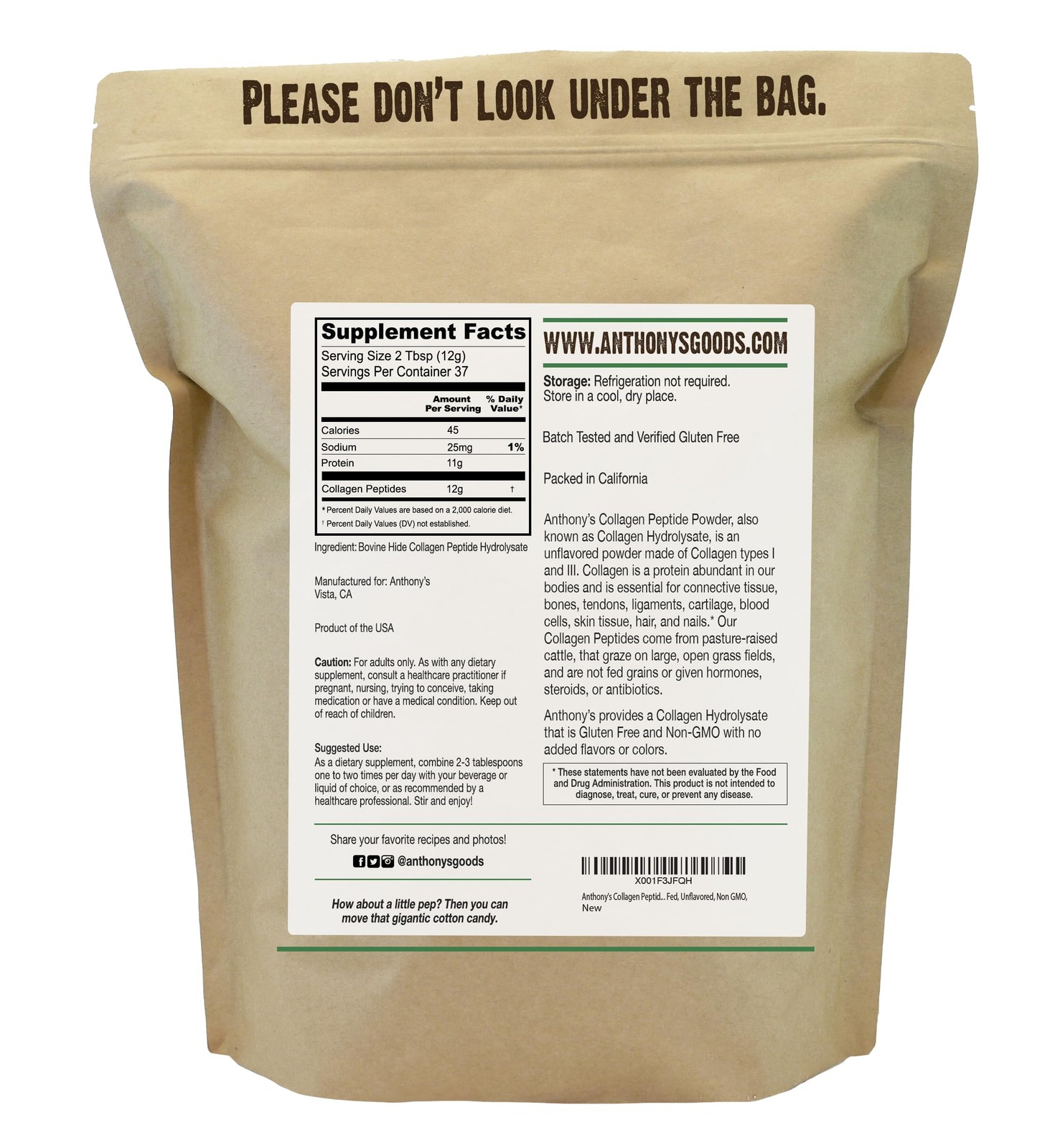 Anthony’s Collagen Peptide Powder, 1 lb, Pure Hydrolyzed, Gluten Free, Keto a…