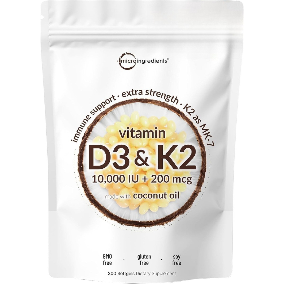 Micro Ingredients Vitamin D3 10000 IU K2 MK7 Softgels with Coconut Oil, 300ct