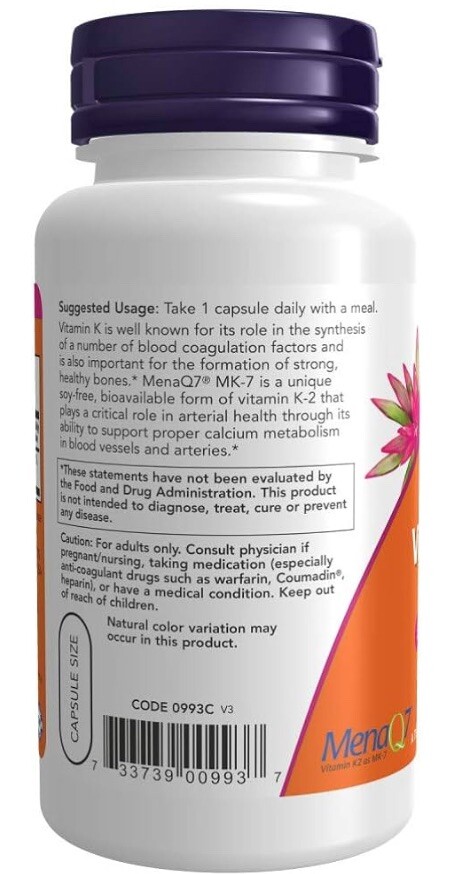 Now Foods Mk-7 Vitamin K-2 100 mcg Vitamin Capsule – 120 Capsules Exp2026