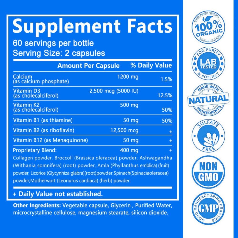 Calcium Capsules w/ D3+K2+B12 Support Bones Muscles Health Immune System 120Caps
