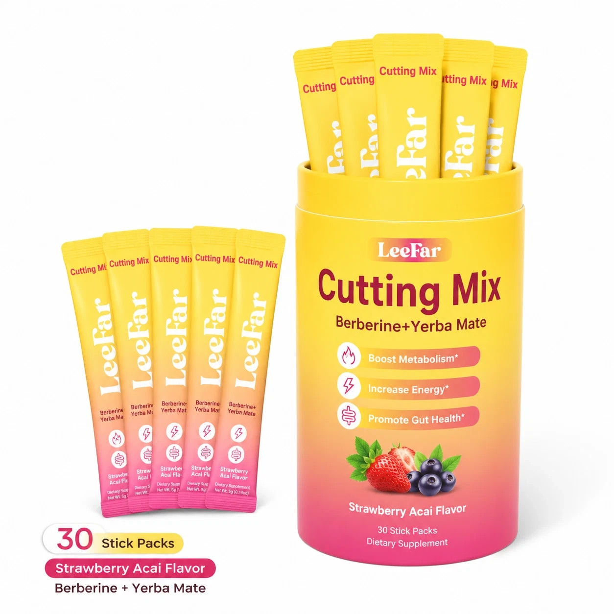 30 Stick Packs LeeFar Cutting Drink Mix – Berberine, Chromium,5-HTP, Yerba Mate