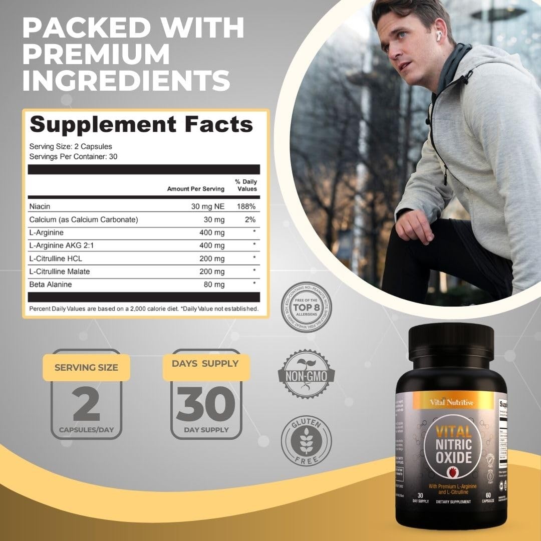 Vital Nutritive Nitric Oxide Supplement Men L-Arginine L-Citrulline 30 Days