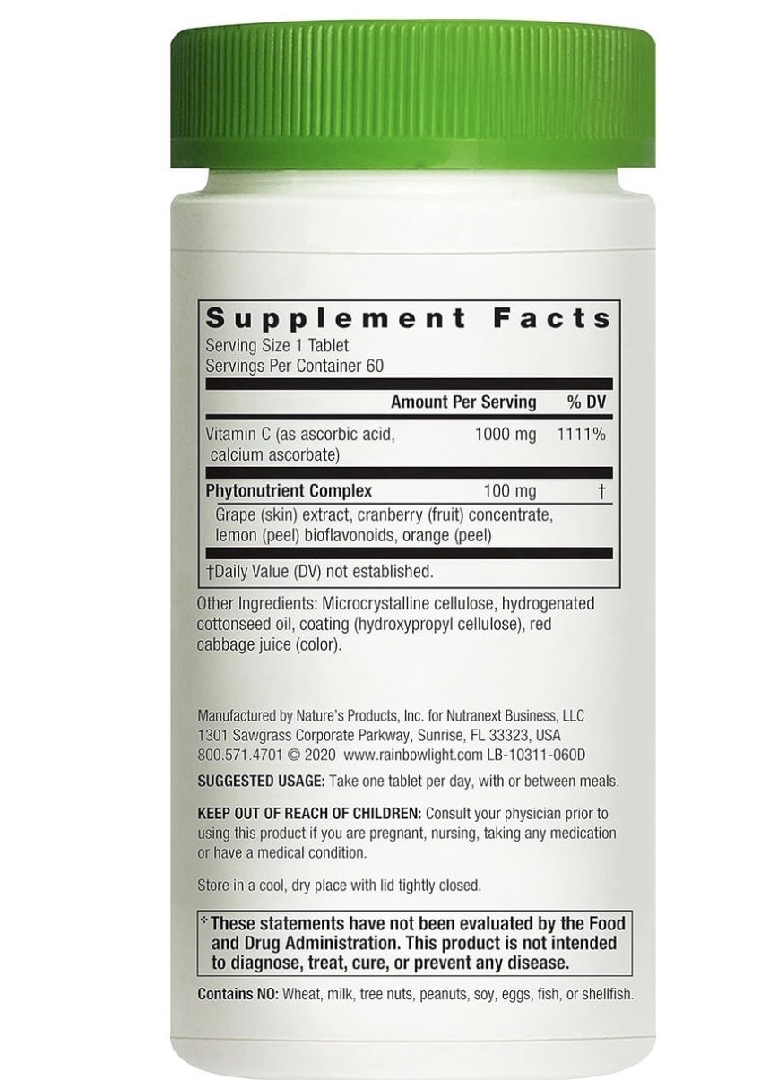 Rainbow Light Super C 1000mg Vitamin C Tablets 60 Vegan Gluten-Free Immune