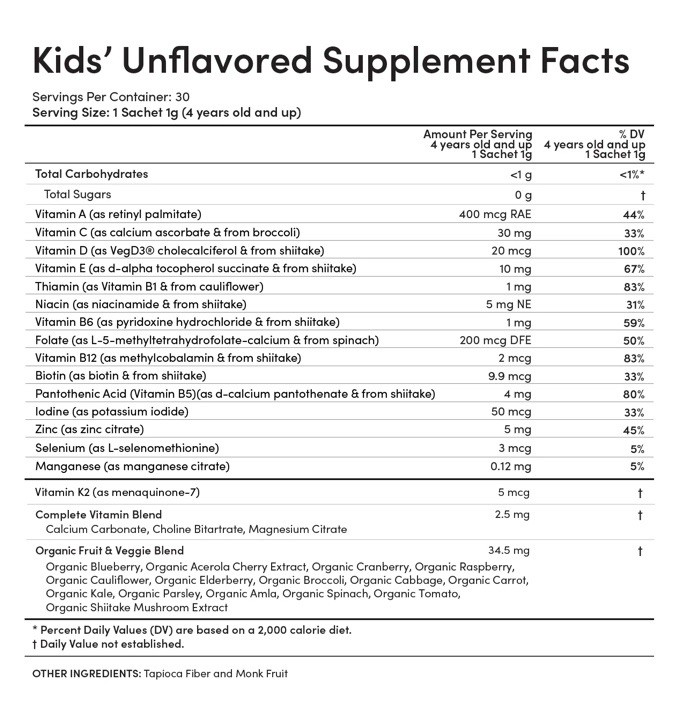 EllaOla Kids’ Essential Unflavored Multivitamin 4+ Years Old, 30 Stick Packs