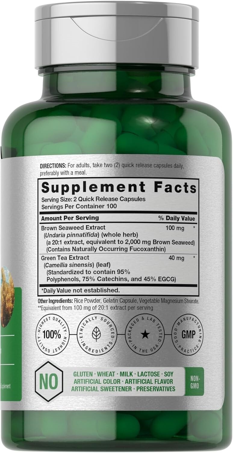 Brown Seaweed Extract 2000 Mg Fucoxanthin Supplement Marine Algae, 200 Capsules