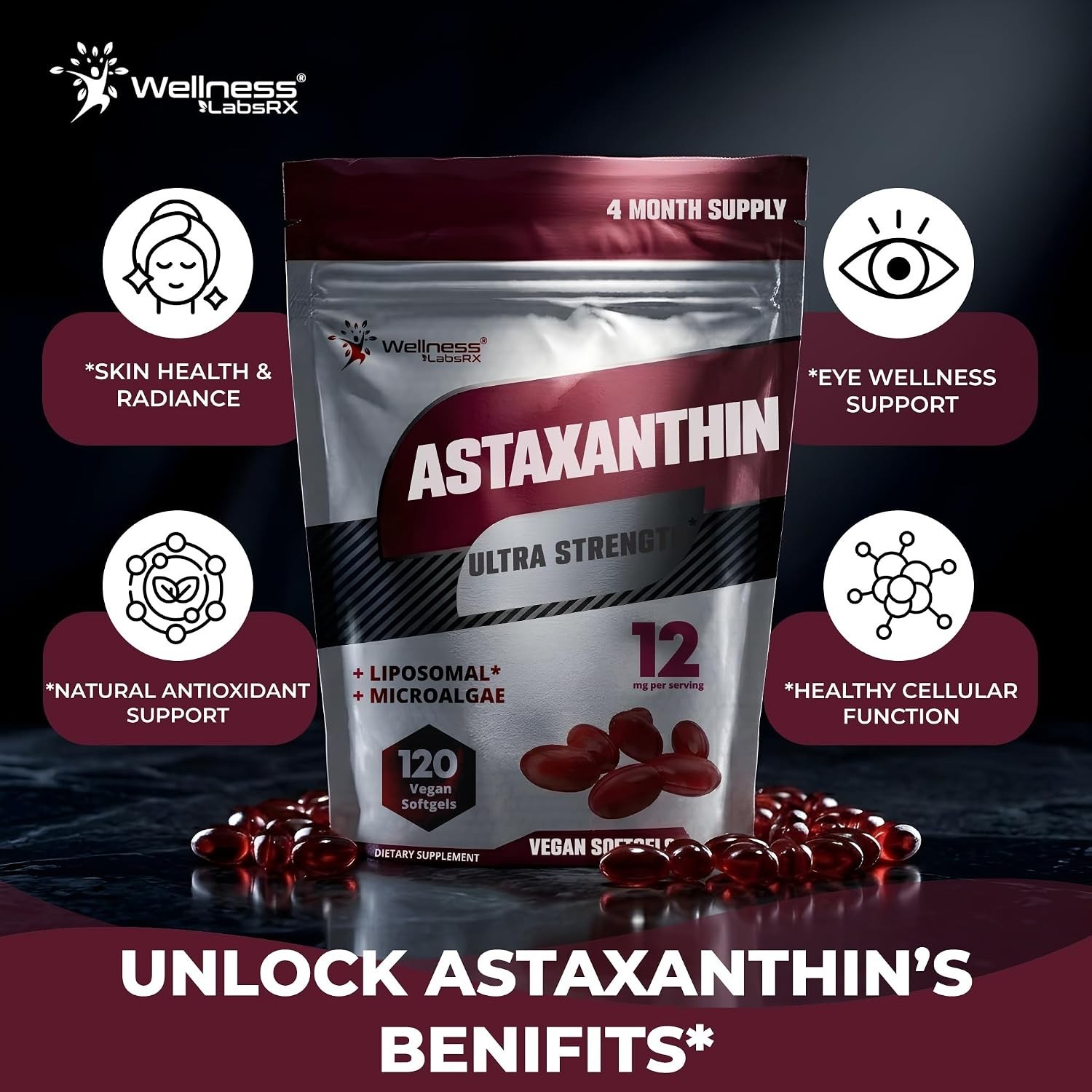 Liposomal Astaxanthin 12mg – 120 Vegan Softgels, 4 Month Supply, Natural Astaxan
