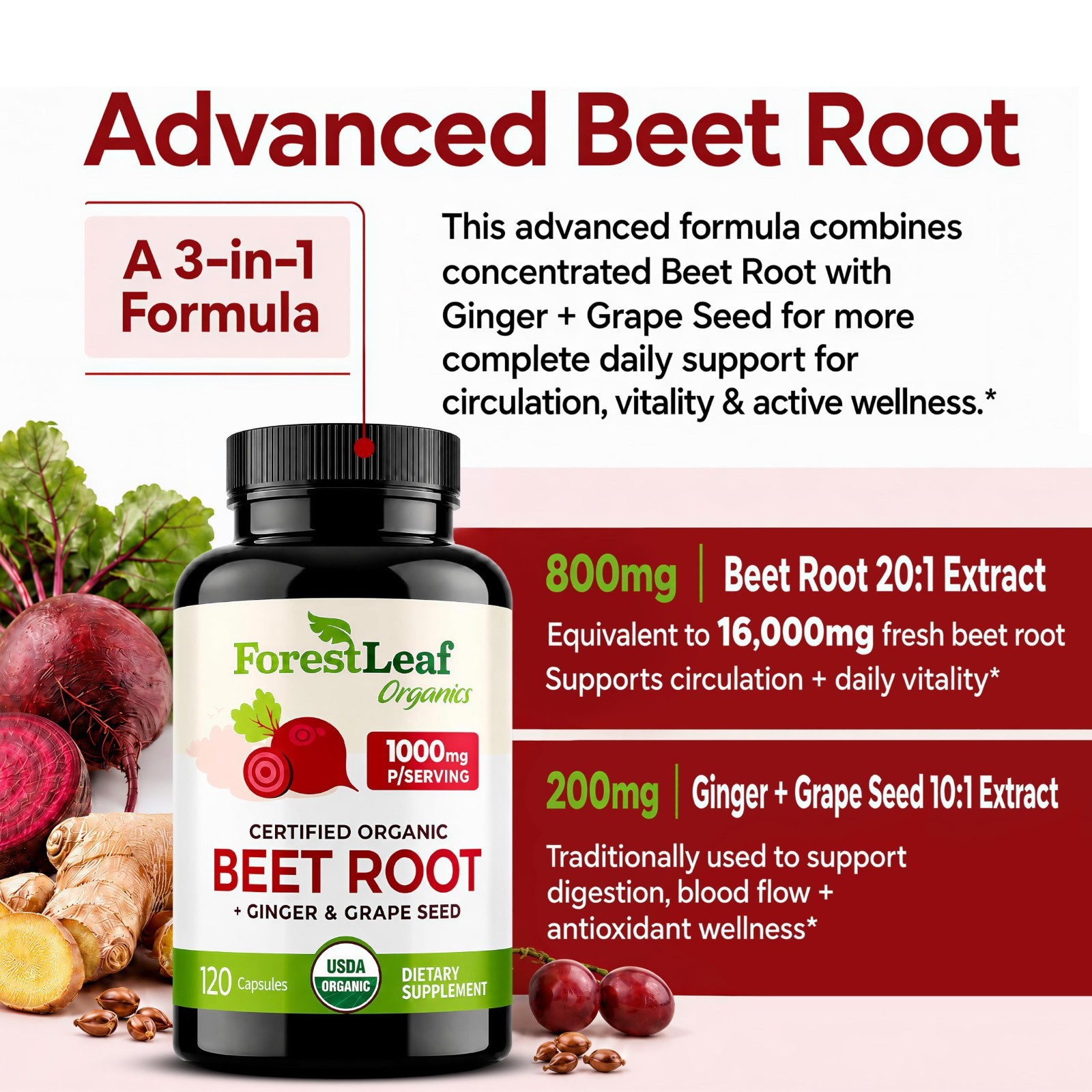 Organic Beet Root Capsules 1000mg – Nitric Oxide Support, Blood Pressure & Circu