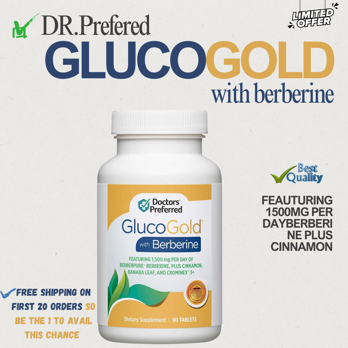 GlucoGold with Berberine Cinnamon Chromium Banaba Leaf Extract 90 Tablets
