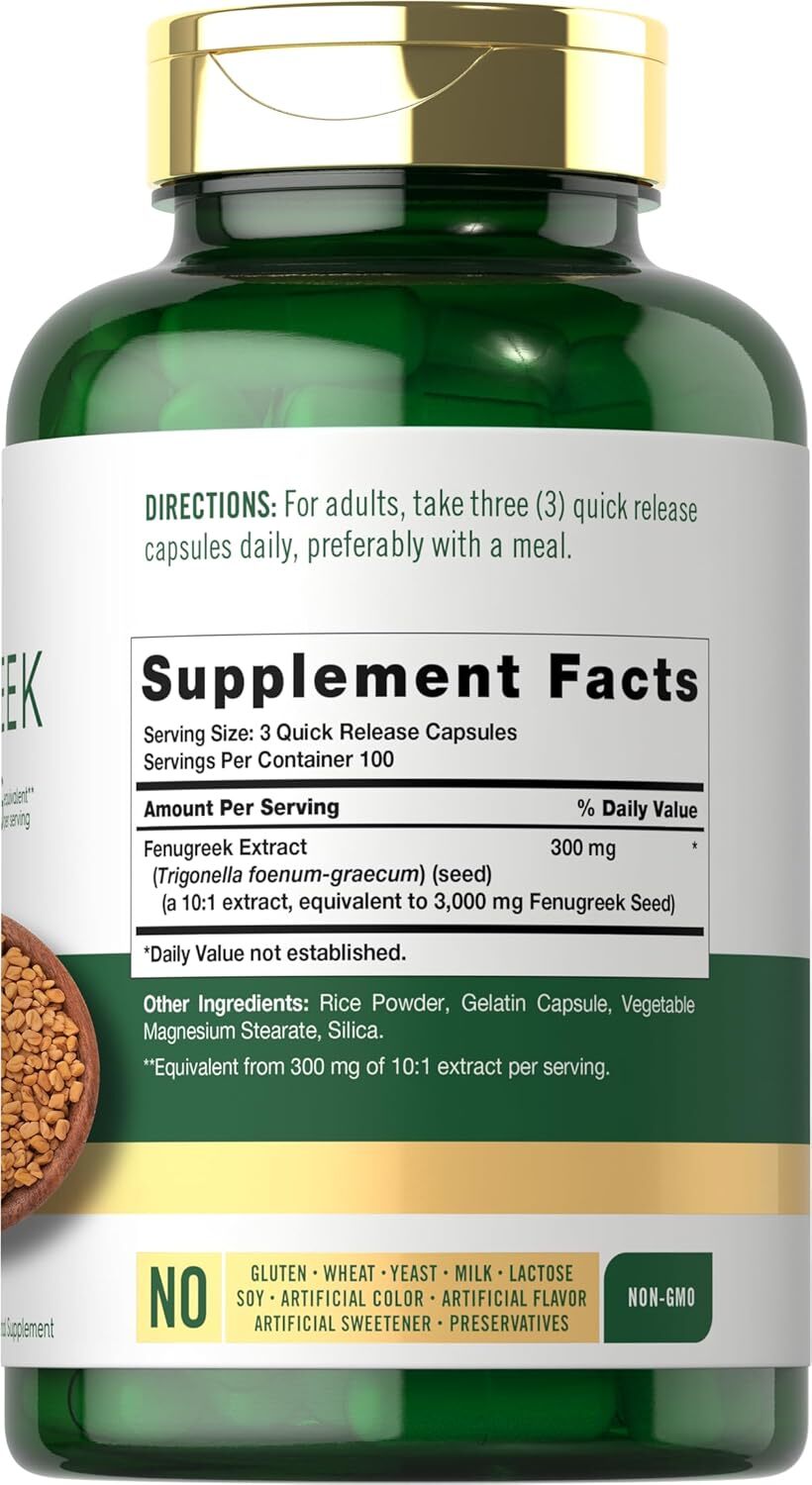 Fenugreek Capsules | 3000mg | 300 Count | Non-GMO, Gluten Free | by Carlyle