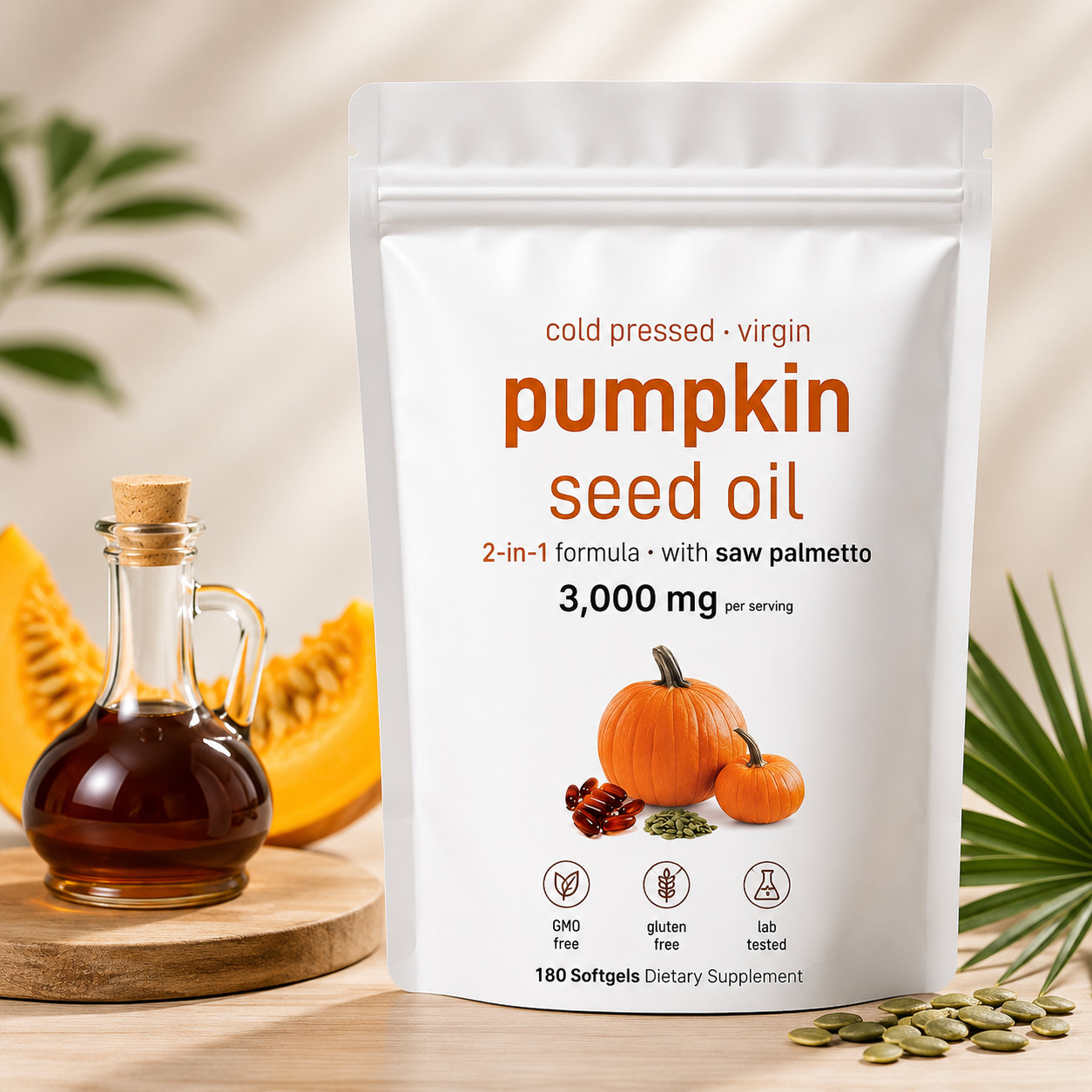 Cold pressed virgin pumpkin seed oil, 2-in-1 formula, containing saw palmetto