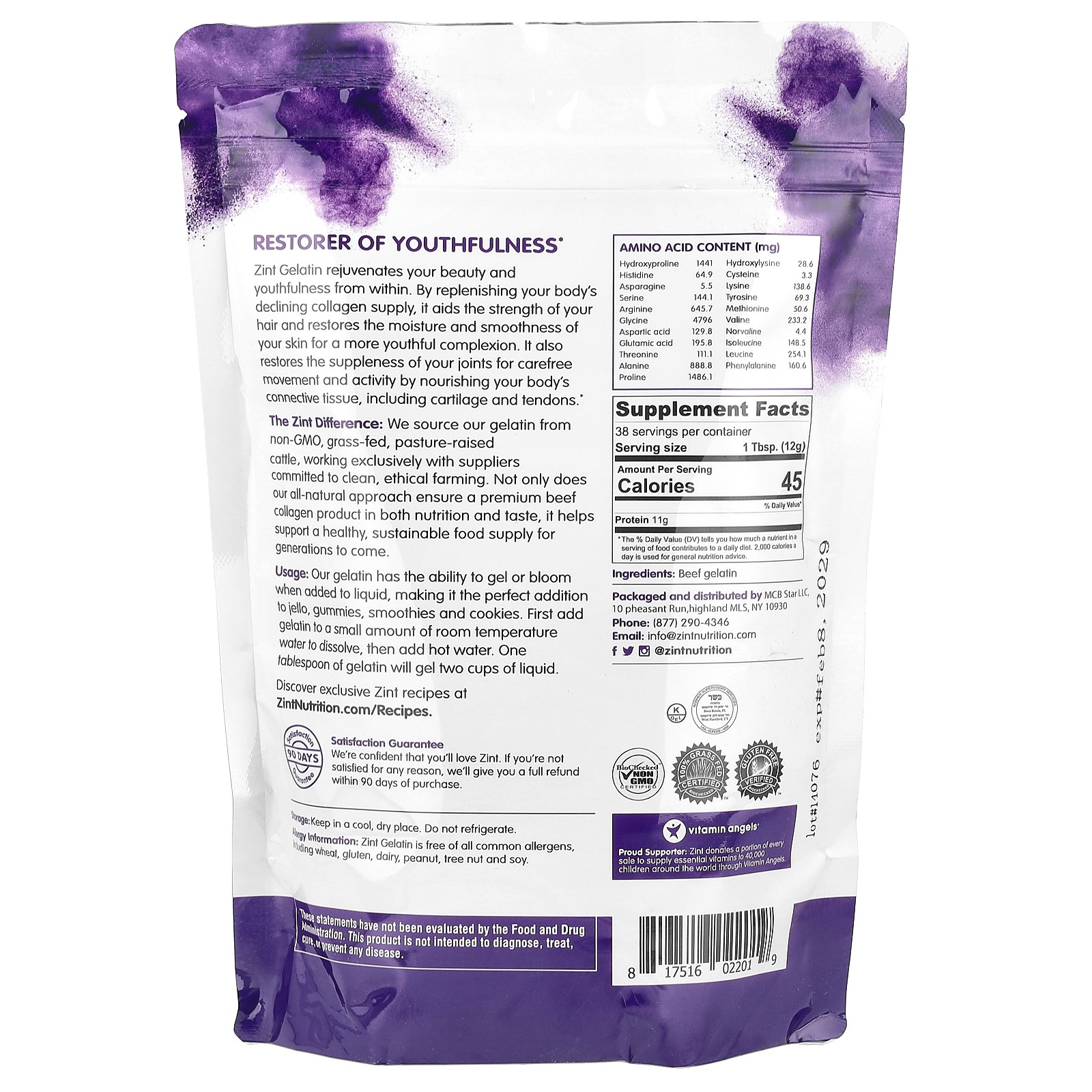 Zint Beef Gelatin Pure Protein 16 oz 454 g Dairy-Free, Gluten-Free, Grass-Fed,