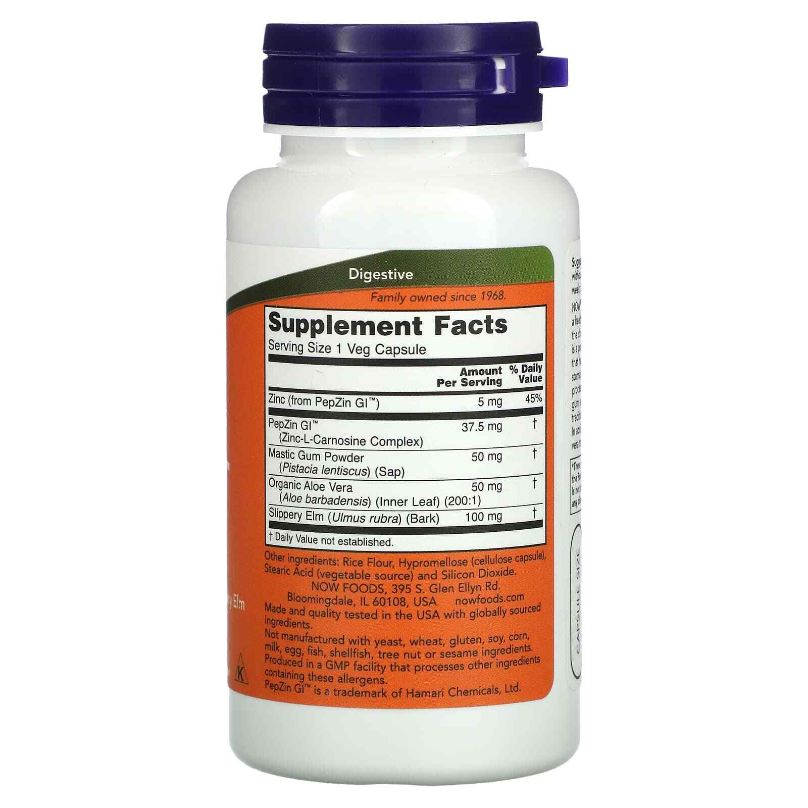 NOW Foods GASTRO COMFORT Mastic Gum/Aloe/L-Carnosine/Slippery Elm/Zinc 60 Caps