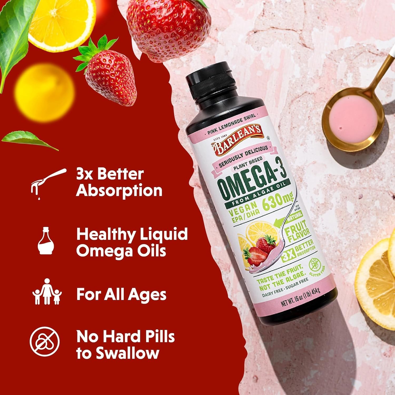 Liquid Algae Omega 3 in Pink Lemonade Flavor – 16 oz Heart Health Support