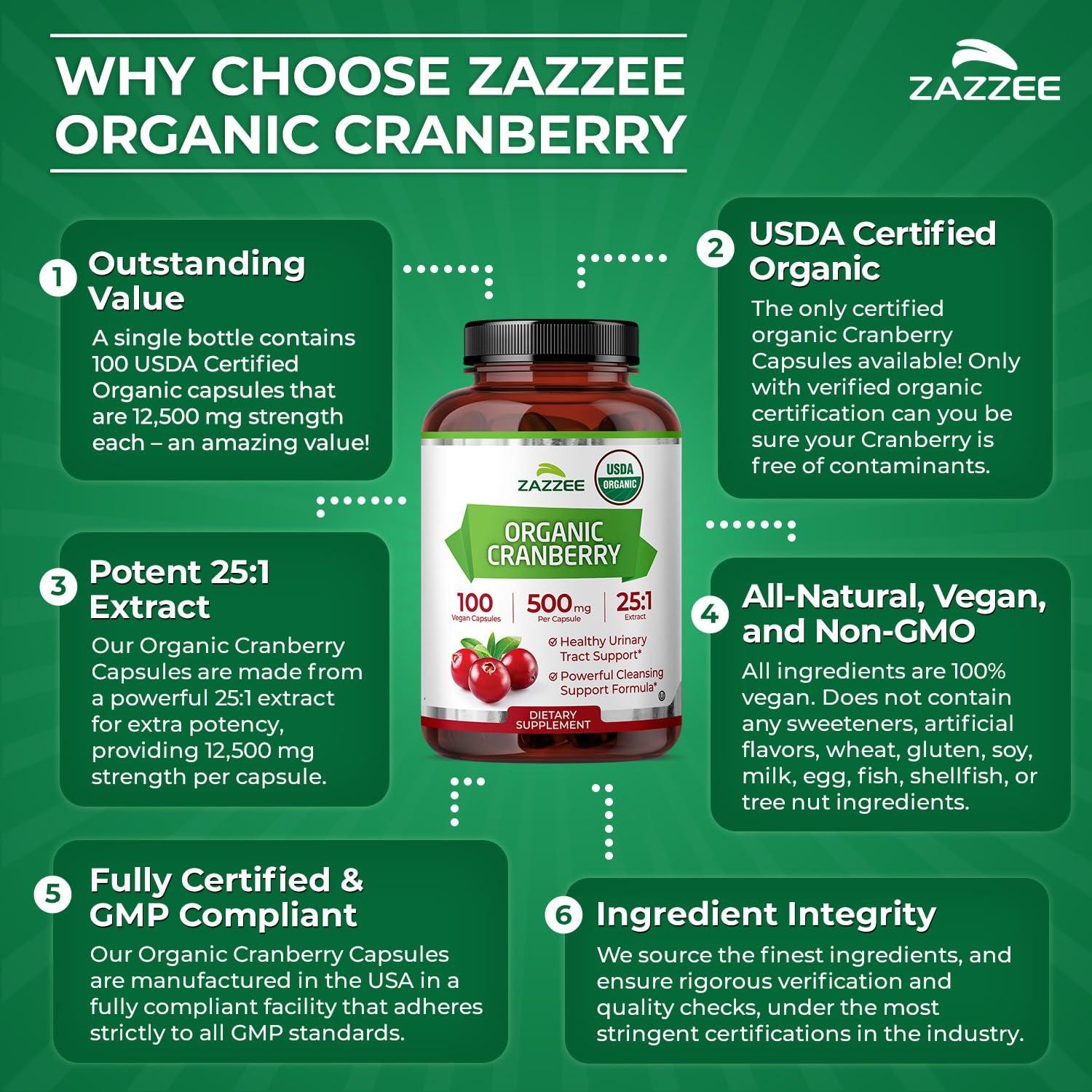 USDA Organic Cranberry 25:1 Extract, 500 mg per Capsule, 60 Vegan Capsules
