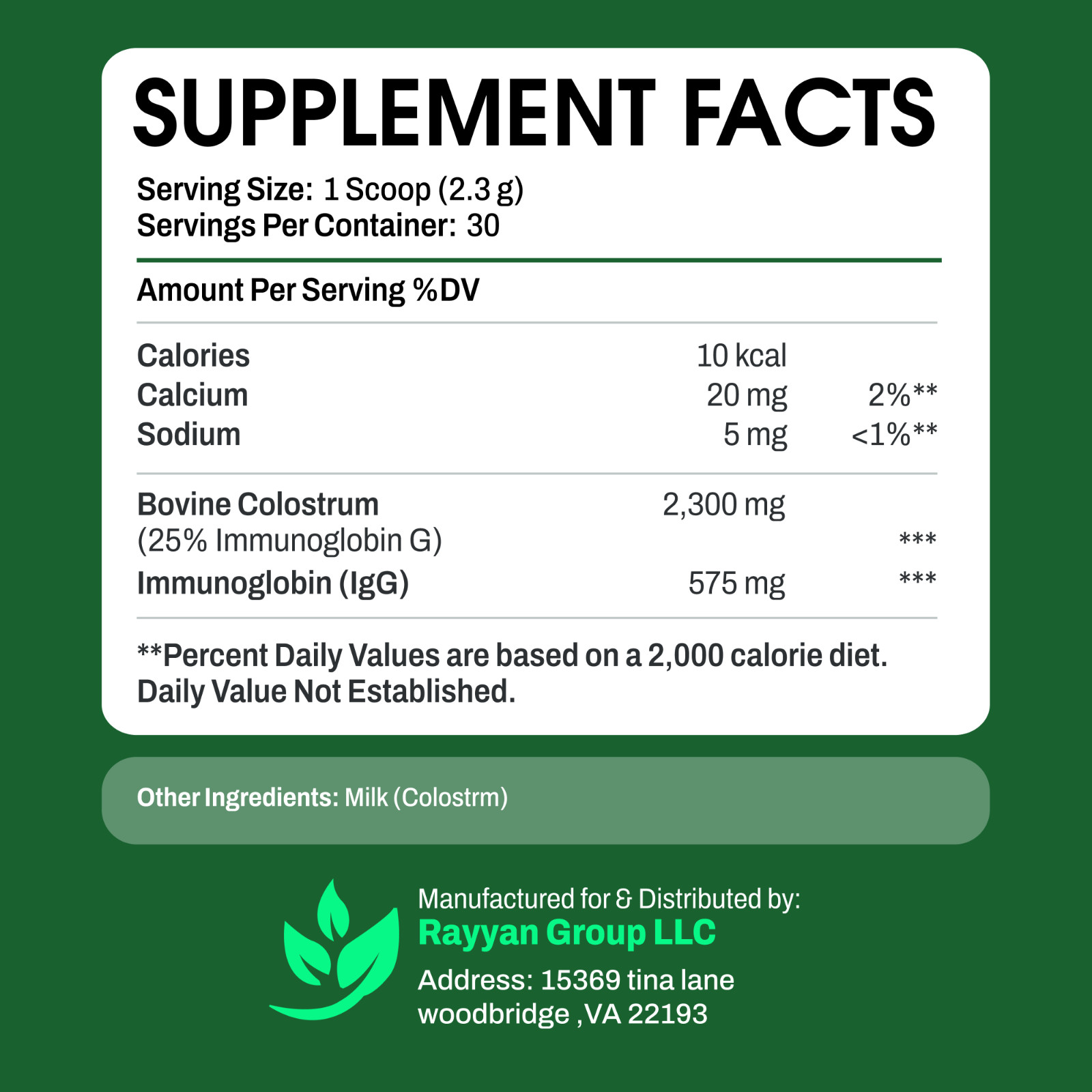 NutriiLab Bovine Colostrum Powder 2500mg IgG Immune Gut Health 30 Day Supply