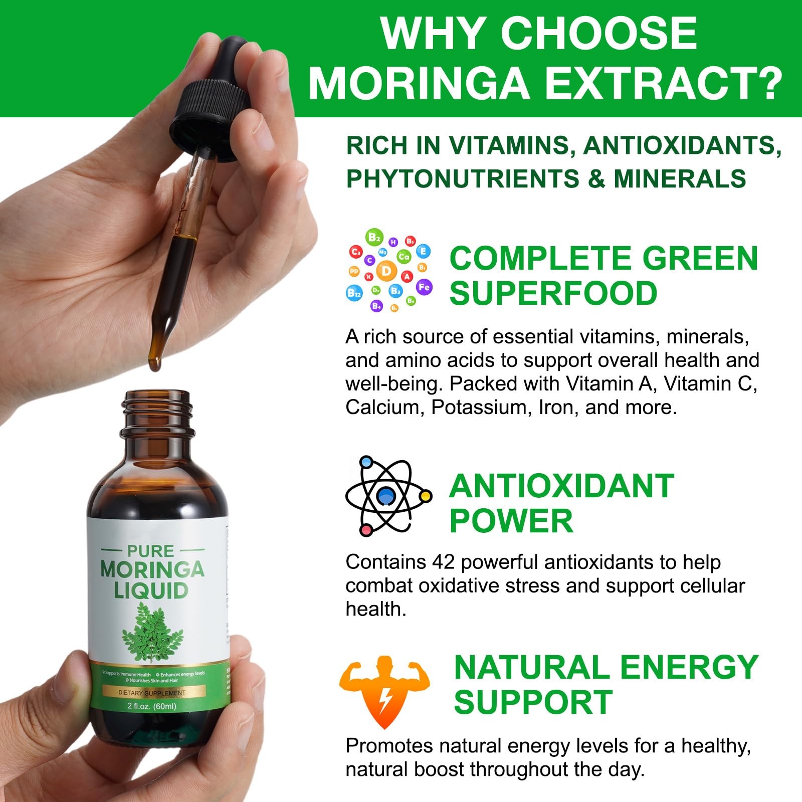 Pure Moringa Oleifera Liquid Drops for Energy,Organic 2 Fl Oz (Pack of 1)