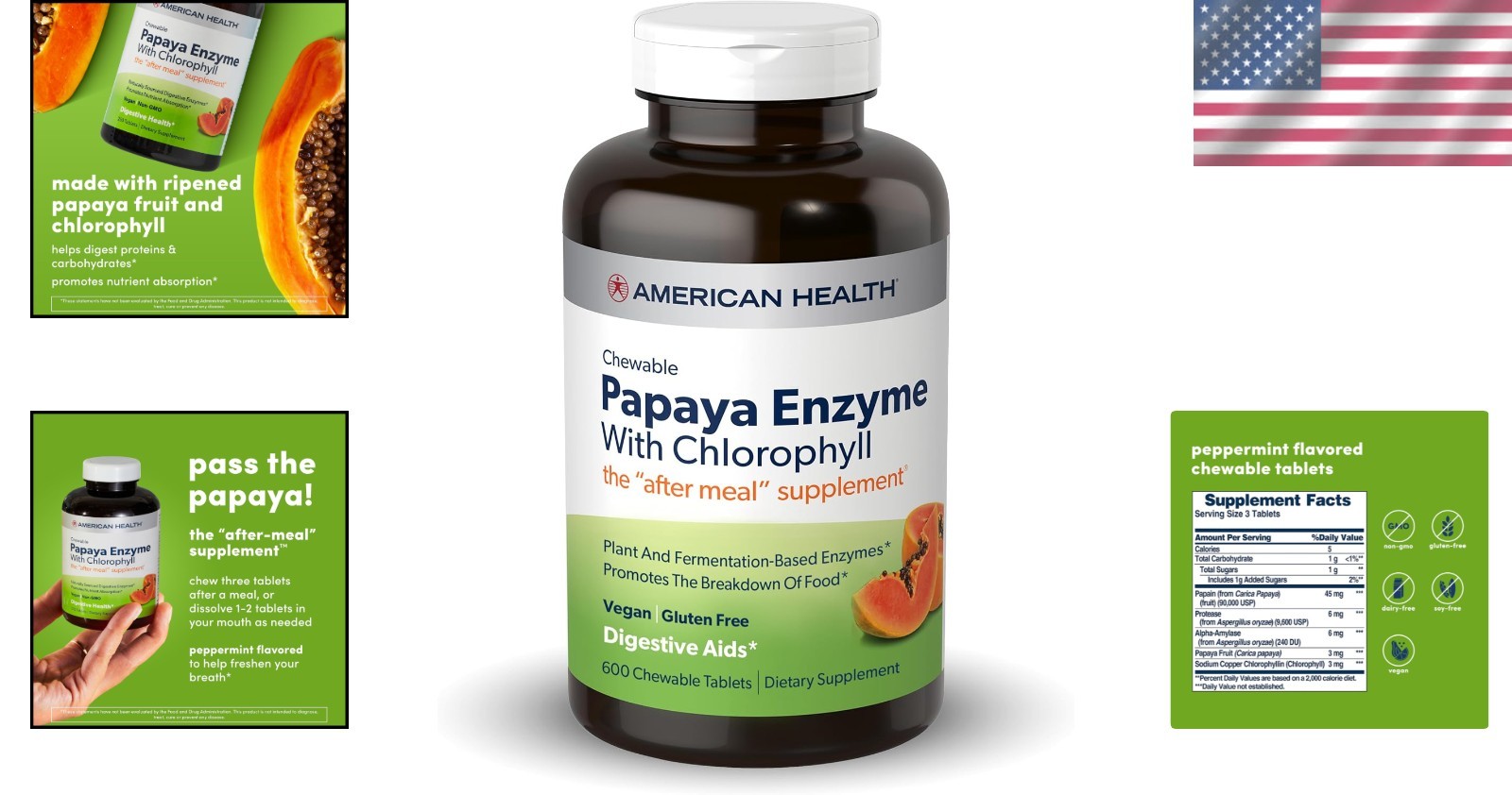 Digestive Support with Papaya Enzyme & Chlorophyll – 600 Count Chewable Tablets