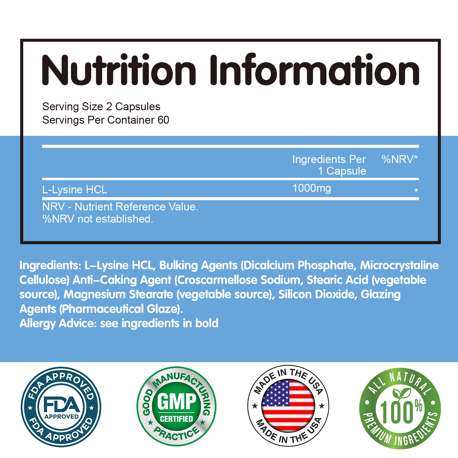 L-Lysine 1000mg – Antiacabolic,Tissue Repair Regener,Immune Support,Gluten Free