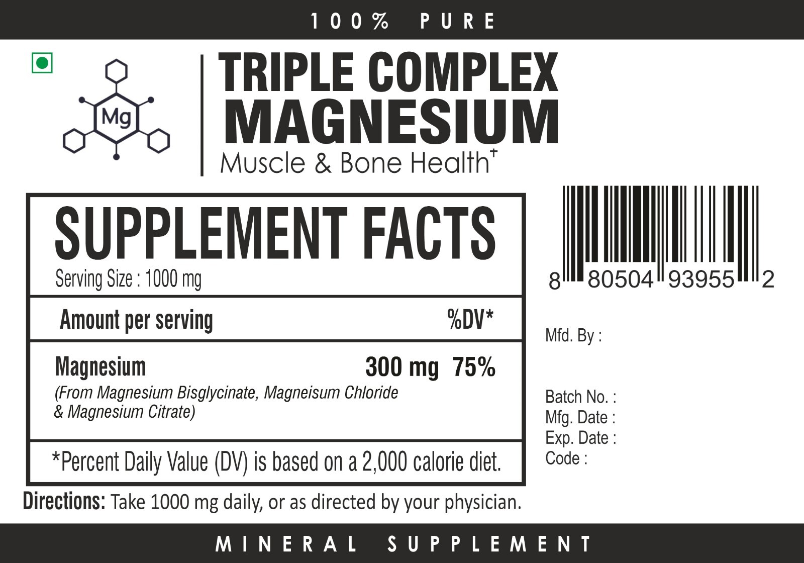 Triple Magnesium Complex | 300mg Magnesium | Muscle & Bone Health Max Absorption