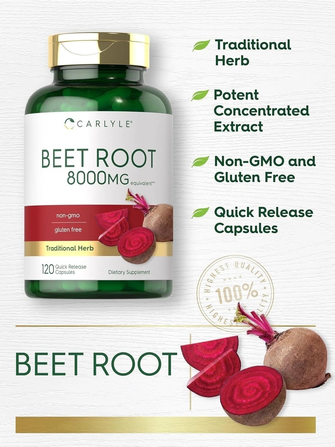 USDA Organic Extra Strength Beet Root 20:1 Extract 8000 mg Strength 120 Capsules
