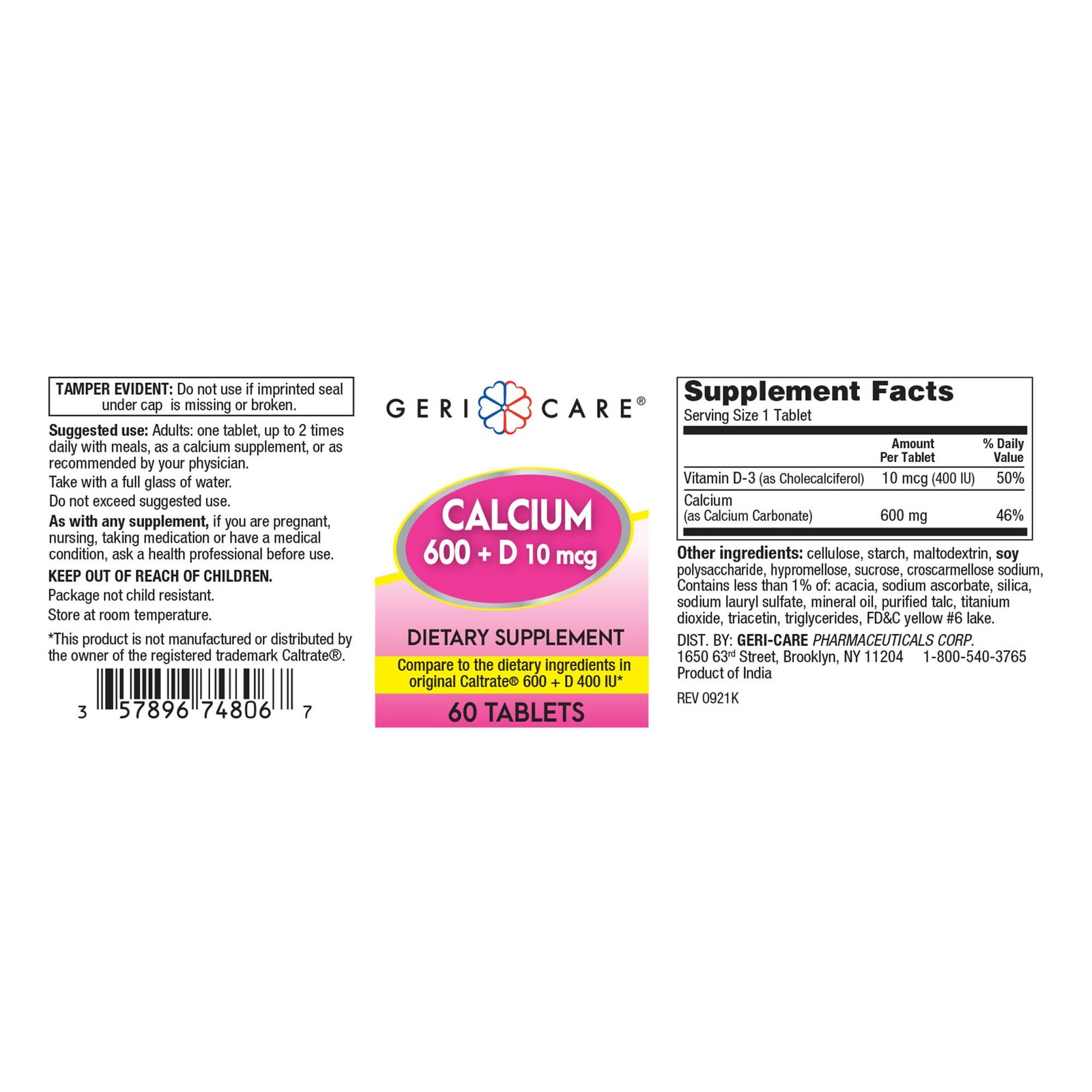 Geri-Care Calcium Tablet 600 MG – 400 IU 748-06-GCP 1 Bottle 60 per Bottle