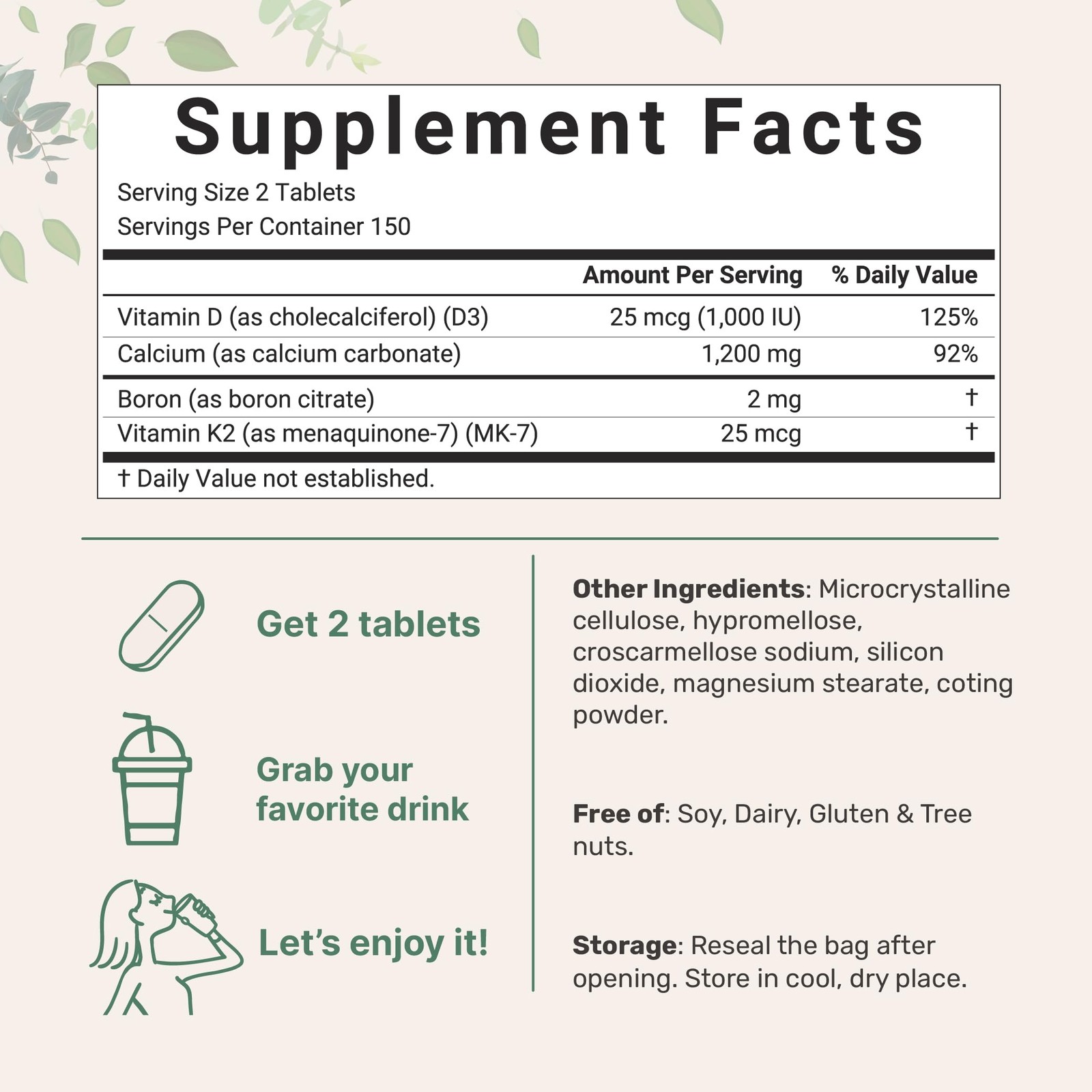 Calcium 1,200mg with Vitamin D3 & K2, 300 Tablets | 300 Count (Pack of 1)