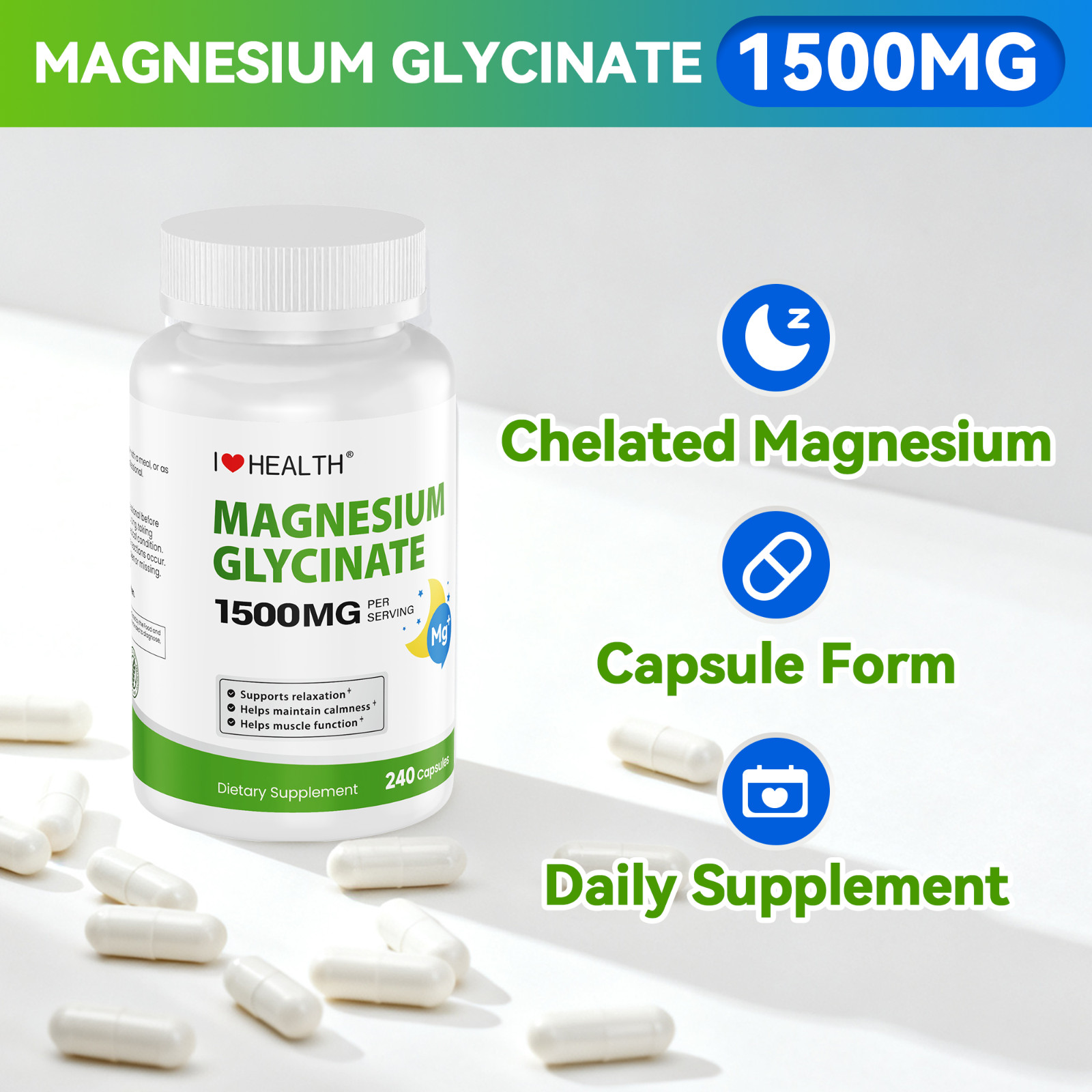 Magnesium Glycinate 1500 mg | 240 Vegan Capsules | High-Absorption Non-GMO