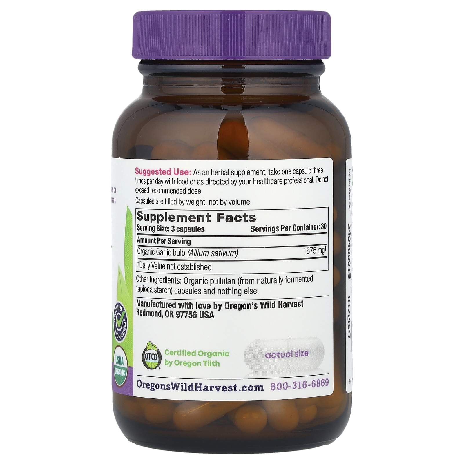 Oregon s Wild Harvest Garlic 90 Vegetarian Capsules Dairy-Free, Gluten-Free,