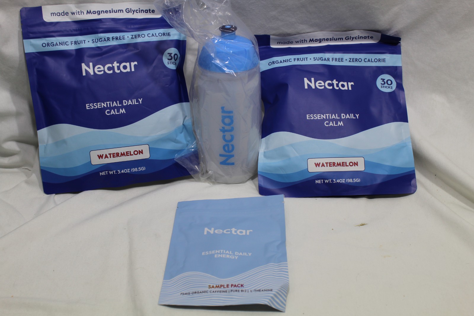 2 Nectar Daily Calm Watermelon (30 packets Each), Energy Sample Pack, Water Bott
