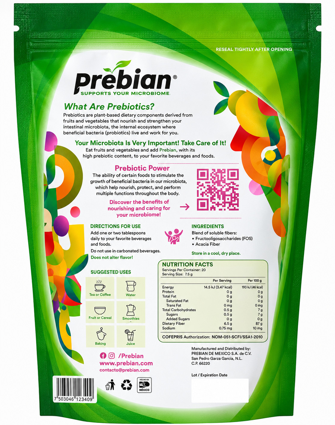 Prebian Probióticos: Keto, Vegan, Gluten and Lactose Free, 450 gr