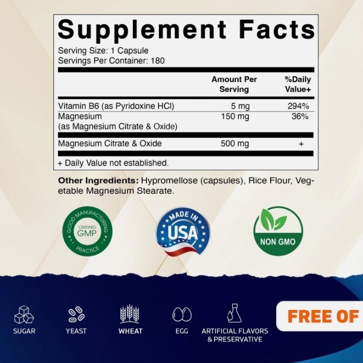 Vitamatic Magnesium Citrate with B6 500mg per Serving – 180 Vegetarian Capsules