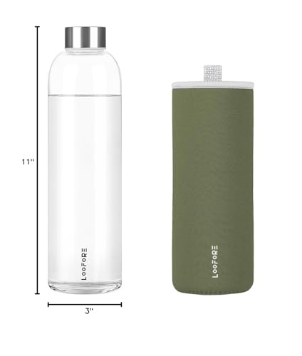 LOOFORE Glass Water Bottles 32 oz, 1 litre 33.8 Ounces, Olive Green